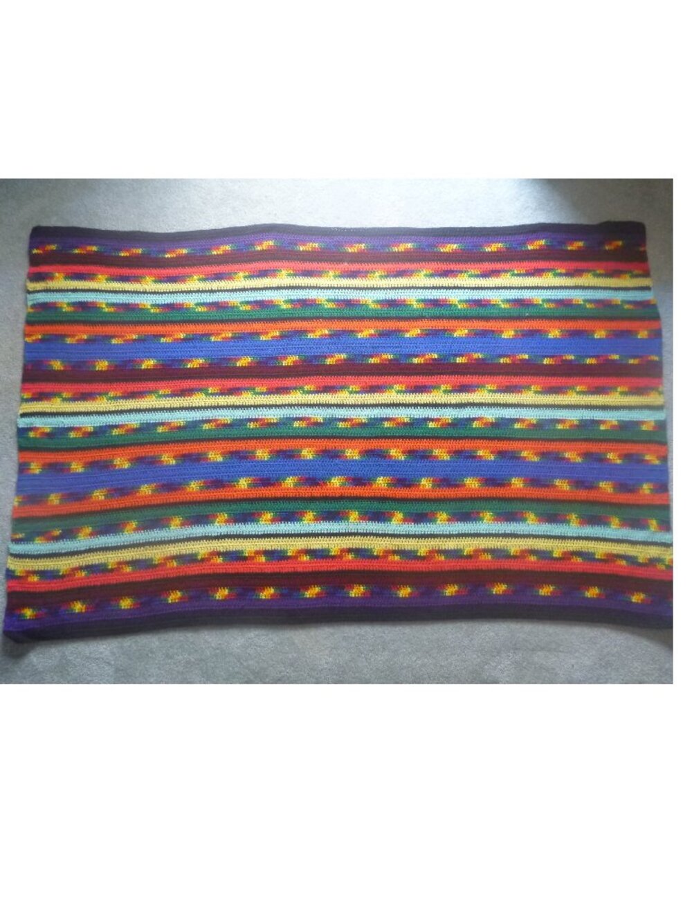 Vintage Hand Crafted Rainbow Striped Mosaic Crochet Throw Blanket Afghan 78x50